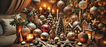 Collection d'ornements de Noël élégants dans un décor festif et chaleureux, incluant des boules scintillantes, des ornements faits à la main, des accents rustiques et modernes. L'ensemble crée une ambiance de Noël conviviale avec des couleurs riches, une lumière douce et un fond cosy