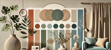 Inspiration déco bohème chic avec une palette de couleurs terreuses et naturelles, des plantes tropicales, des vases en céramique et des objets décoratifs en bois, pour un intérieur chaleureux et accueillant