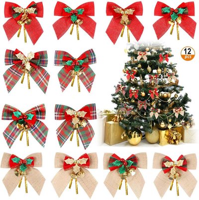 12 Ornements de Boucles ou Noeuds pour suspendre au Sapin de Noel de couleurs rouge, vert, Or et à carreaux