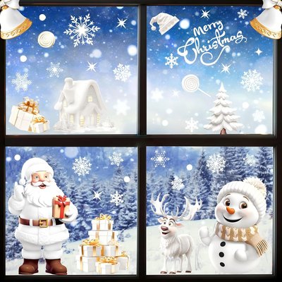 AhfuLife Lot de 9 feuilles d'autocollants de Noël réutilisables pour décoration de Noël, flocons de neige, autocollants double face pour fête de Noël