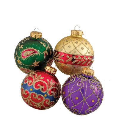 Boules de Noel en verre décorées avec divers motifs, 65 mm, 4 par boîte