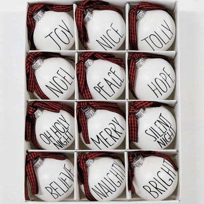 Décoration de Noël – Lot de 12 boules blanches incassables ornées de nœuds à carreaux