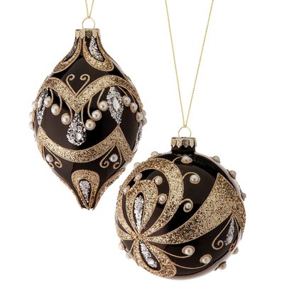 Deux boules de Noël élégantes en verre noir avec des motifs dorés scintillants. L'une est ronde et l'autre en forme de goutte, ornées de perles blanches et de pierres argentées étincelantes, suspendues par des cordons dorés.