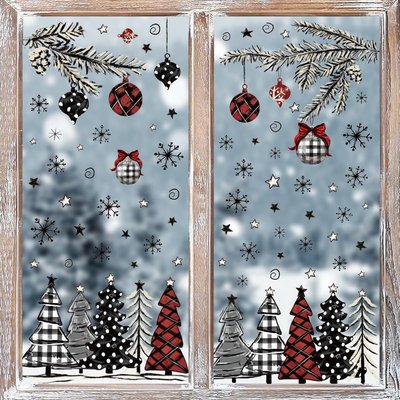 Lot de 123 autocollants de Noël pour fenêtre, arbre de Noël noir et rouge, neige pour maison