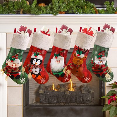 Lot de 5 grandes chaussettes de Noël à suspendre avec manchette en peluche, Père Noël, bonhomme de neige, renne