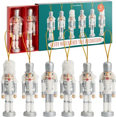 Lot de 6 décorations de Noël en bois argenté motif soldat casse-noisette