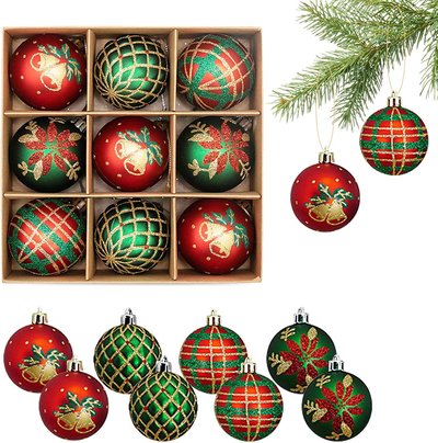 Lot de 9 boules de Noël rouge or et vertincassables de 60 mm - Décorations saisonnières à suspendre pour fête de Noël