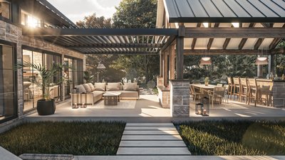 Maison Fondation Maurice-Tanguay 2025 avec Espace extérieur élégant avec un salon couvert, une pergola moderne, une cuisine extérieure équipée et une grande table à manger, entourés d'un cadre naturel verdoyant