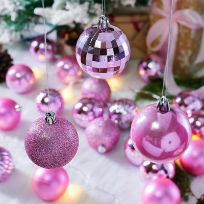 Niviy Lot de 24 boules de Noël roses à paillettes avec cordon pour Décorations de Noël brillantes et mates