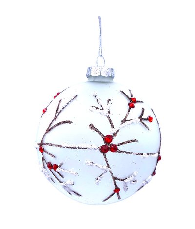 Ornement, boule de Noel en verre dépoli, motif branche et baies