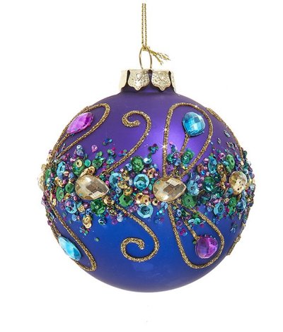 Ornement en verre, boule de Noel violette pailletée