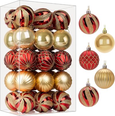 Paquet de 30 boules de Noel en plastique rouge et or