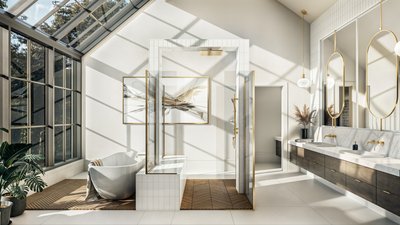 Salle de bain des maîtres de la Maison Tanguay 2025, avec une grande verrière laissant entrer la lumière naturelle, une baignoire autoportante, une douche vitrée aux accents dorés, un plancher en bois à motif chevron, et un meuble-lavabo double avec des finitions en marbre et miroirs ovales.