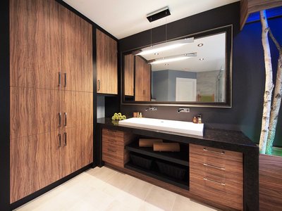 Salle de bain moderne avec armoires de rangement en bois foncé, meuble-lavabo avec comptoir noir, grand miroir encadré