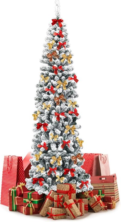 Sapin de Noël artificiel de 2,3 m, sapin de Noël pré-éclairé floqué de neige avec lumières LED chaudes