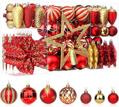 SHareconn Lot de 106 boules de Noël colorées en plastique incassable avec crochets de suspension pour sapin de Noël