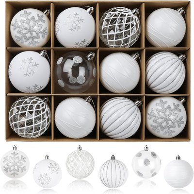 Lot de 12 boules de Noël blanche en plastique incassable à suspendre pour sapin de Noël