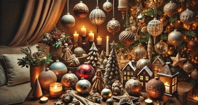 Collection d'ornements de Noël élégants dans un décor festif et chaleureux, incluant des boules scintillantes, des ornements faits à la main, des accents rustiques et modernes. L'ensemble crée une ambiance de Noël conviviale avec des couleurs riches, une lumière douce et un fond cosy