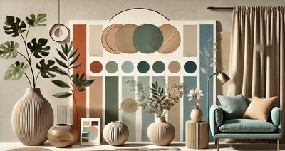 Inspiration déco bohème chic avec une palette de couleurs terreuses et naturelles, des plantes tropicales, des vases en céramique et des objets décoratifs en bois, pour un intérieur chaleureux et accueillant