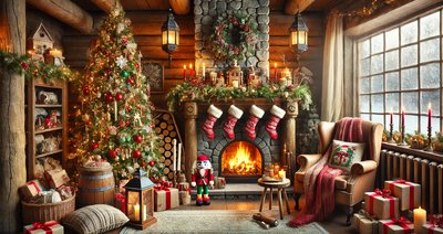 Décoration intérieur du temps des fêtes d'une maison décoré dans un style évoquant celle du Père Noël