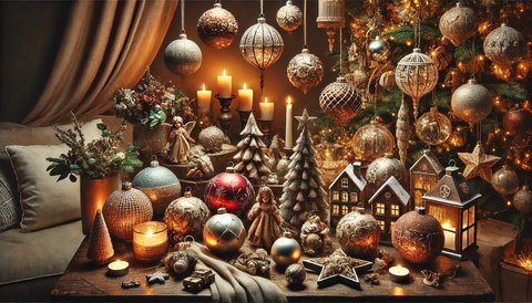 Collection d'ornements de Noël élégants dans un décor festif et chaleureux, incluant des boules scintillantes, des ornements faits à la main, des accents rustiques et modernes. L'ensemble crée une ambiance de Noël conviviale avec des couleurs riches, une lumière douce et un fond cosy