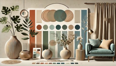 Inspiration déco bohème chic avec une palette de couleurs terreuses et naturelles, des plantes tropicales, des vases en céramique et des objets décoratifs en bois, pour un intérieur chaleureux et accueillant