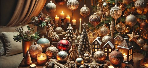 Collection d'ornements de Noël élégants dans un décor festif et chaleureux, incluant des boules scintillantes, des ornements faits à la main, des accents rustiques et modernes. L'ensemble crée une ambiance de Noël conviviale avec des couleurs riches, une lumière douce et un fond cosy