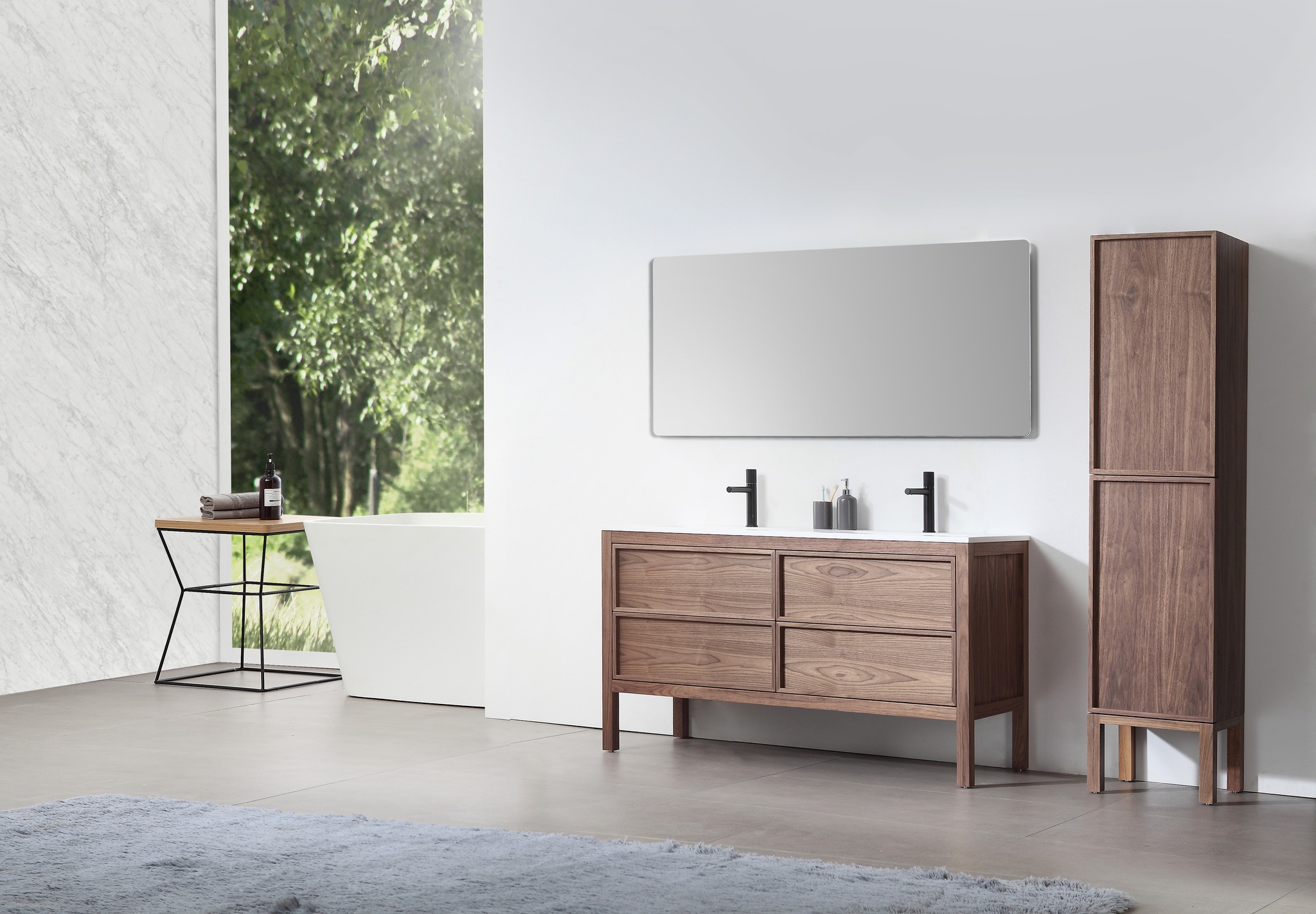 Mobilier de salle de bain en bois avec double vasque et grand miroir, ambiance moderne et épurée de chez ​Golden Elite Déco.